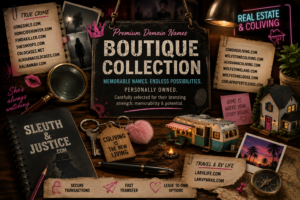 Premium domain names boutique featuring personally owned brandable domains for sale.